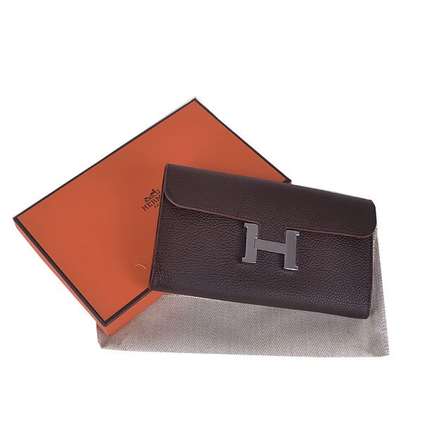 Hermes H 6023 Flap Wallet Dark Coffee Button Silver